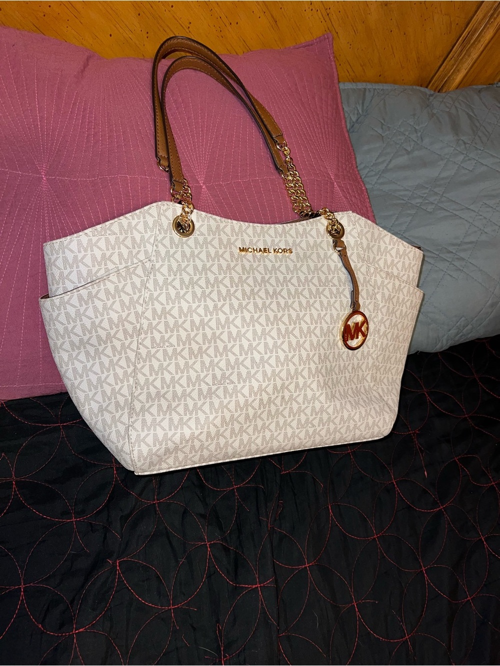 Michael Kors Cream MK Logo Tote with Brown Leather Handles